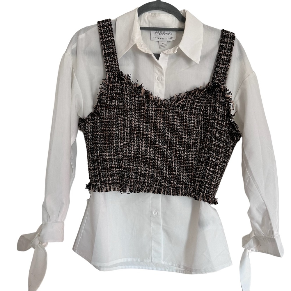 MARE MARE x ANTHROPOLOGIE tweed crop zipper brown white sweetheart neck XS, NWT